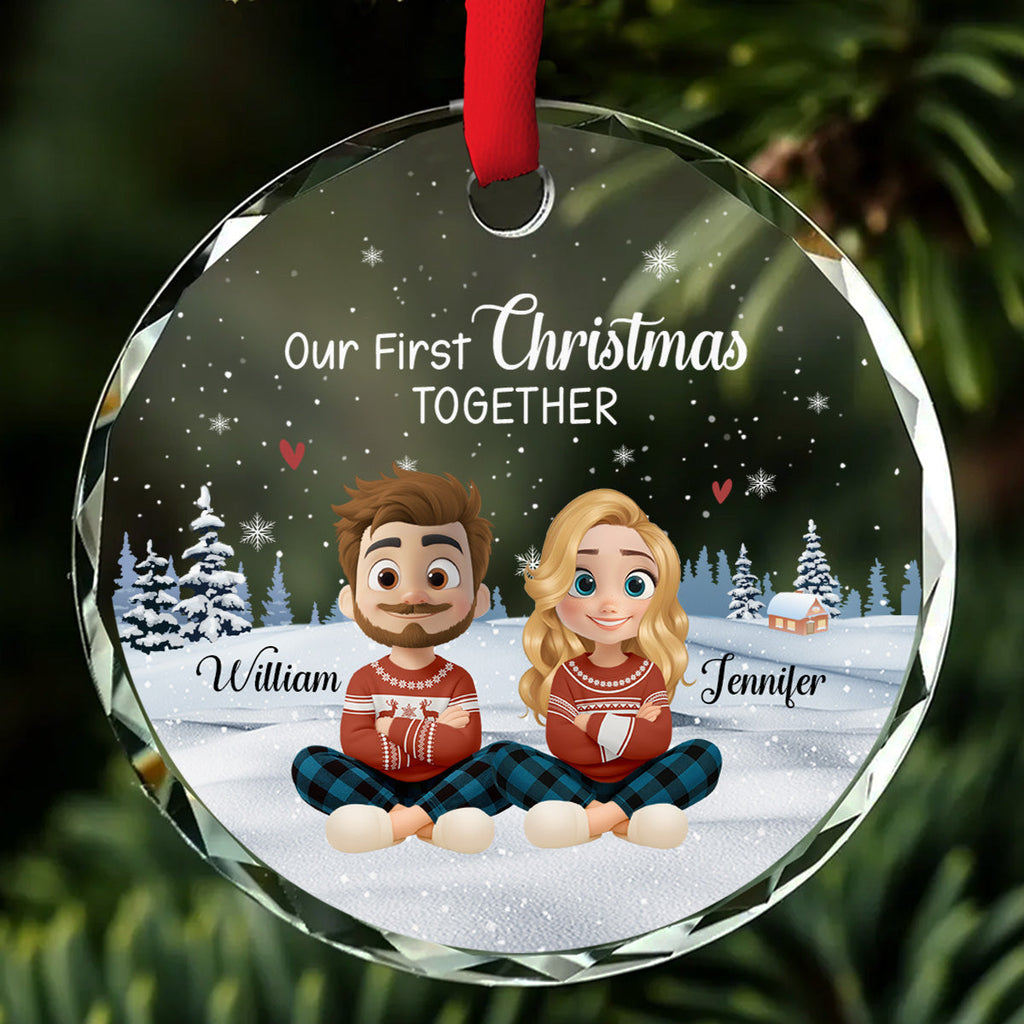 Our First Christmas Together Cartoonize - Personalized Custom Glass Ornament