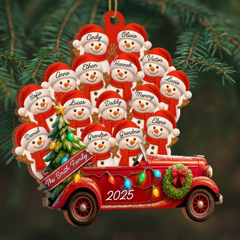 Personalized Big Family Snowman On Red Truck Wooden Ornament, Gift For Family and Christmas Lovers