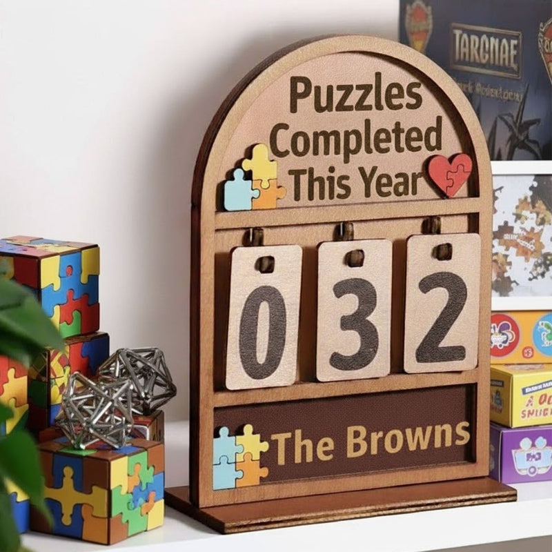 Personalized Puzzles Completed This Year Counter Mini Plaque With Flat Base, Gifts For Puzzle Lovers