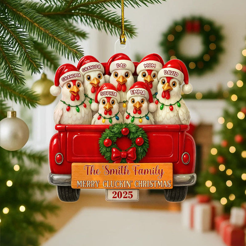 Merry Cluckmas Red Truck - Personalized Chicken Family On Truck Acrylic Ornament
