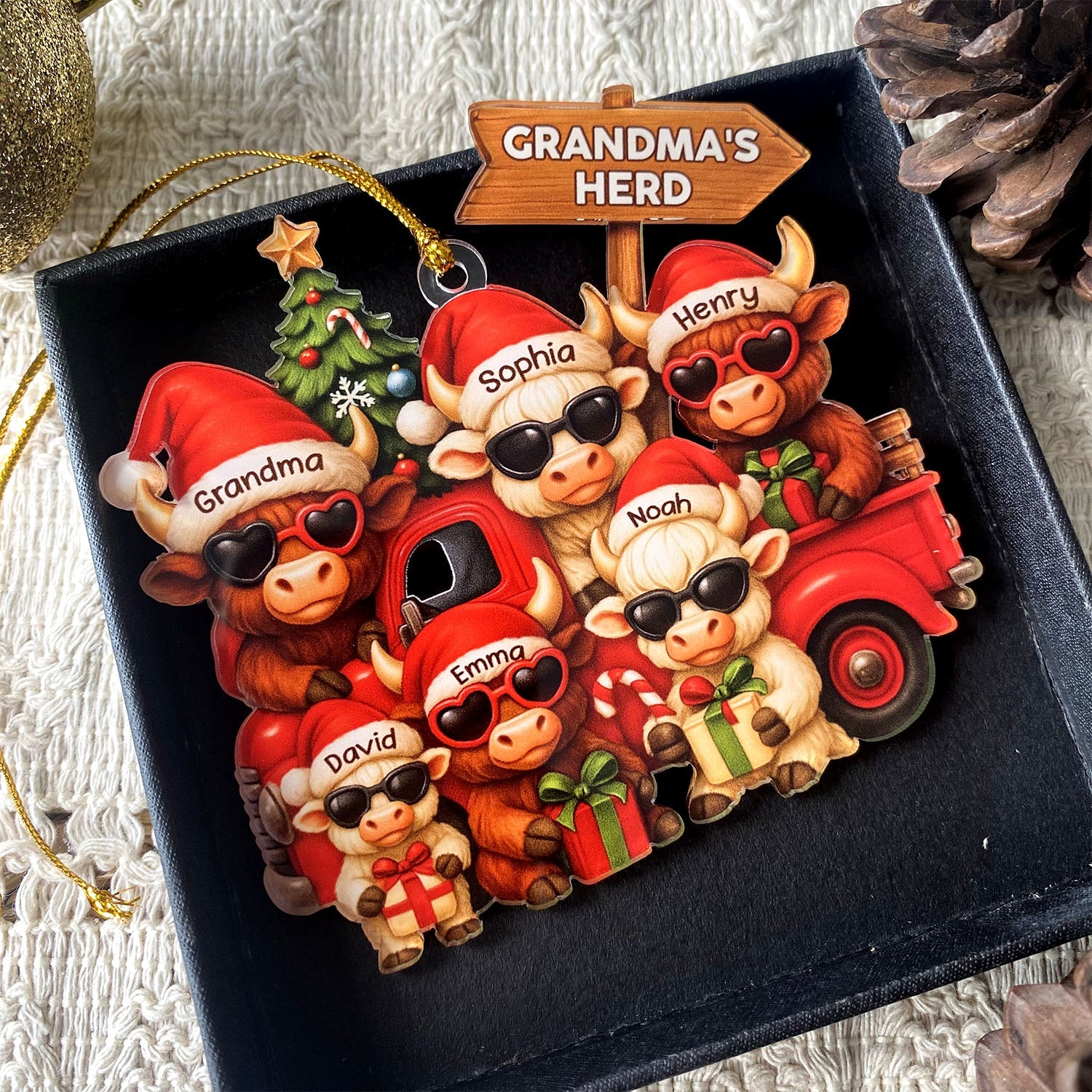 Personalized Christmas Highland Cow On Truck Acrylic Ornament, Family Christmas Ornament