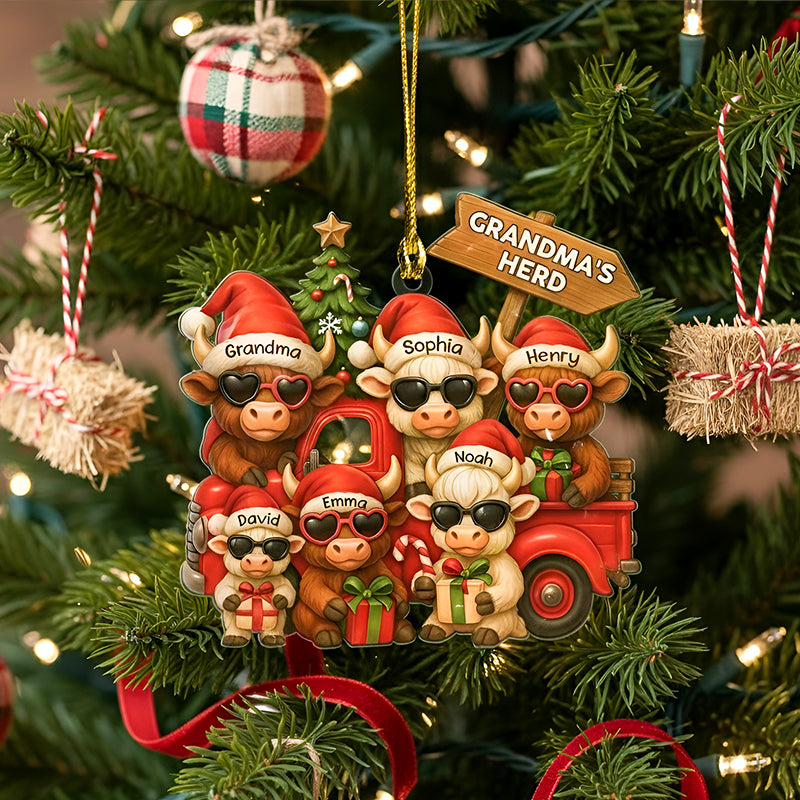 Personalized Christmas Highland Cow On Truck Acrylic Ornament, Family Christmas Ornament