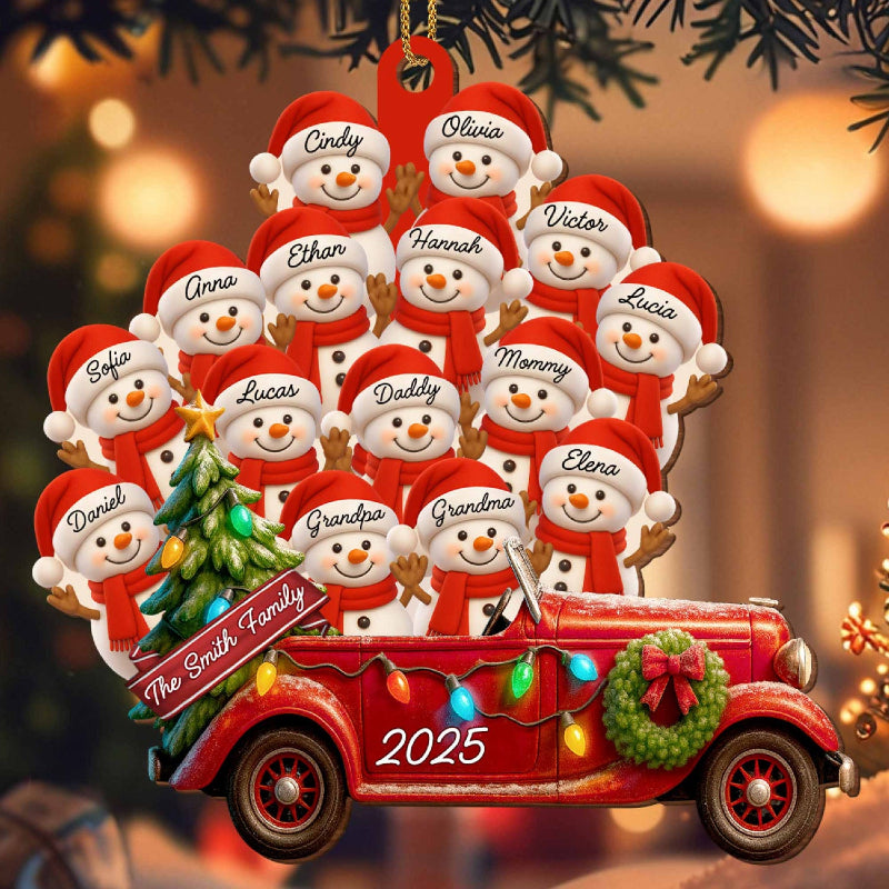 Personalized Big Family Snowman On Red Truck Wooden Ornament, Gift For Family and Christmas Lovers