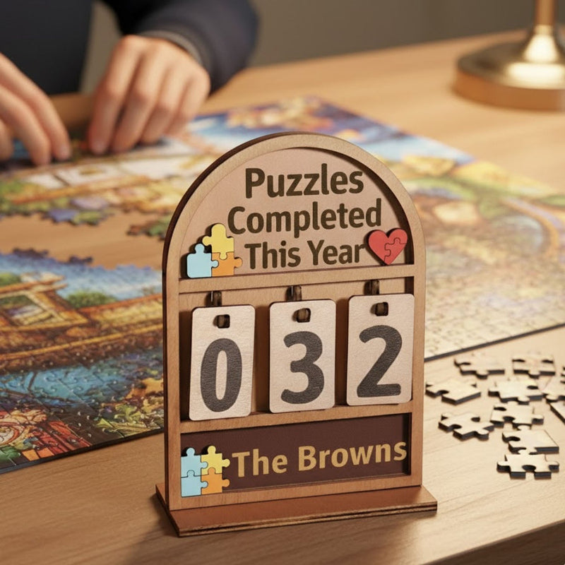 Personalized Puzzles Completed This Year Counter Mini Plaque With Flat Base, Gifts For Puzzle Lovers