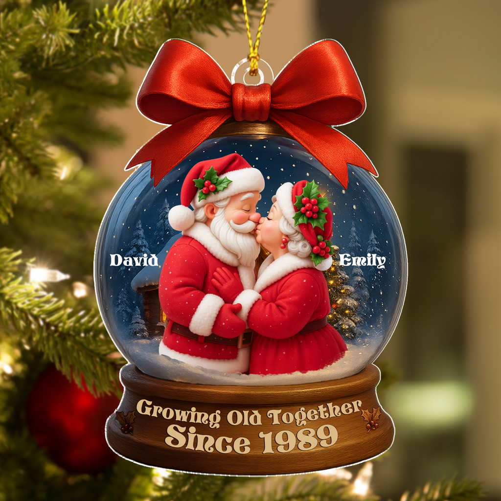 Personalized 3D Effect Santa Couple In Snow Globe Acrylic Ornament, Couple Christmas Tree Decoration