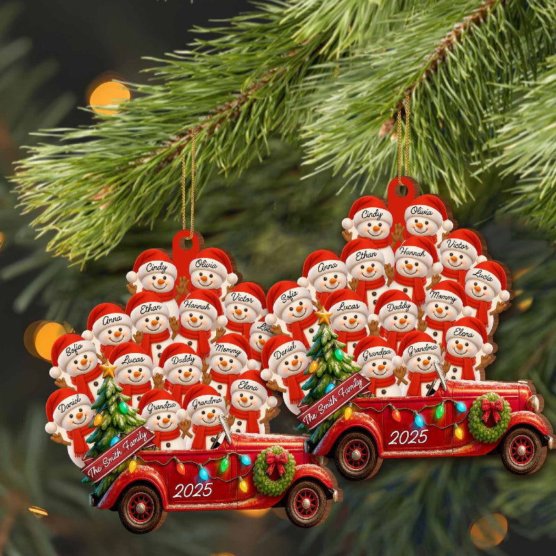 Personalized Big Family Snowman On Red Truck Wooden Ornament, Gift For Family and Christmas Lovers