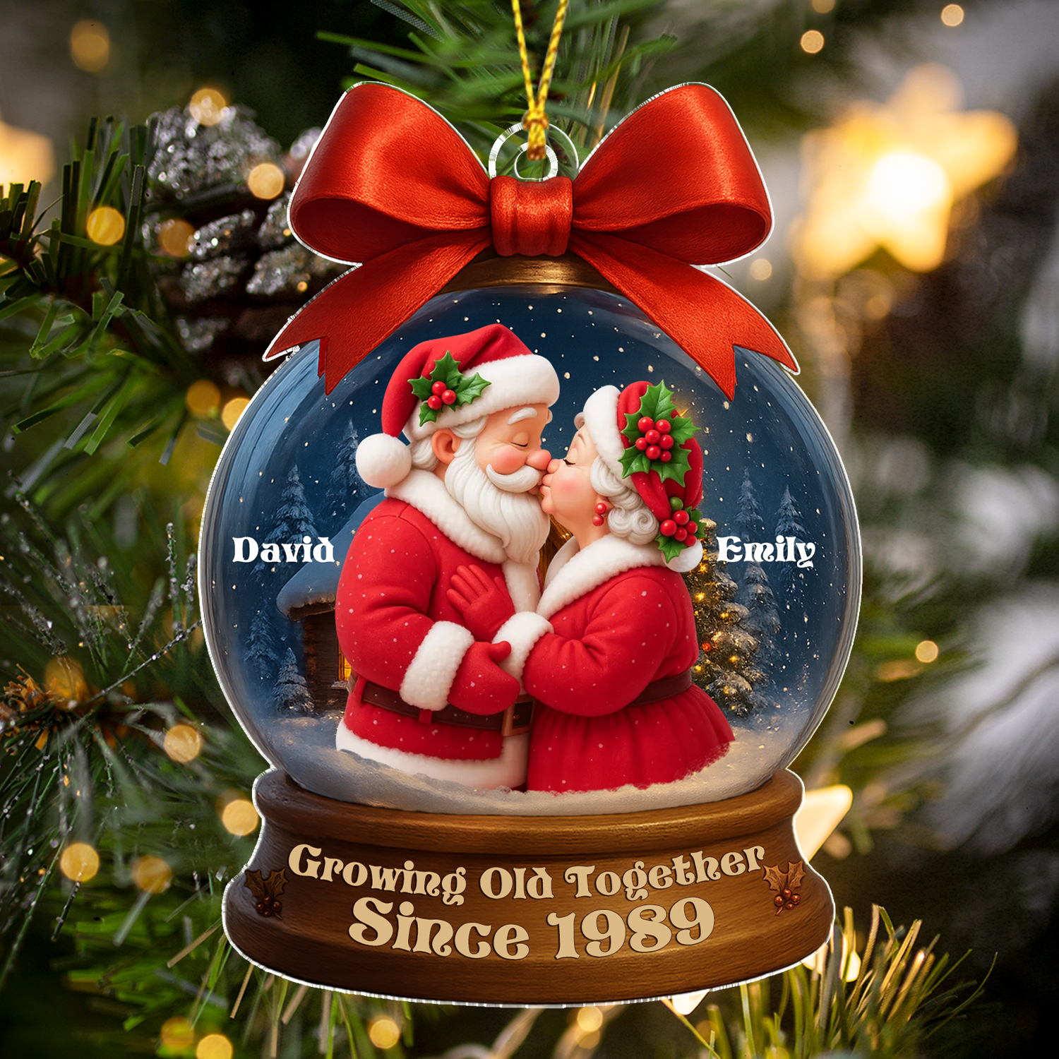 Personalized 3D Effect Santa Couple In Snow Globe Acrylic Ornament, Couple Christmas Tree Decoration