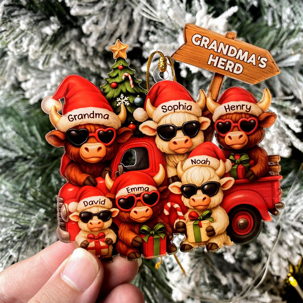 Personalized Christmas Highland Cow On Truck Acrylic Ornament, Family Christmas Ornament