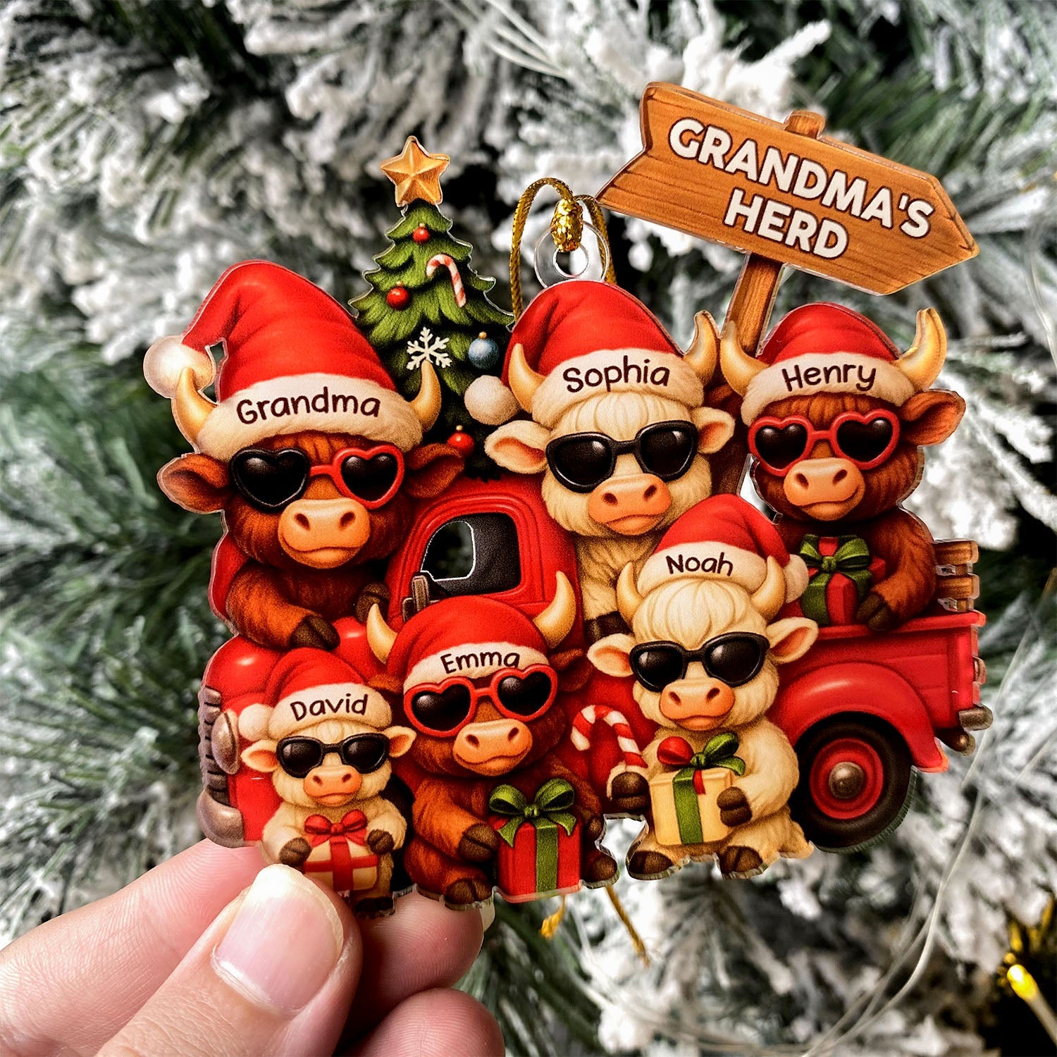 Personalized Christmas Highland Cow On Truck Acrylic Ornament, Family Christmas Ornament
