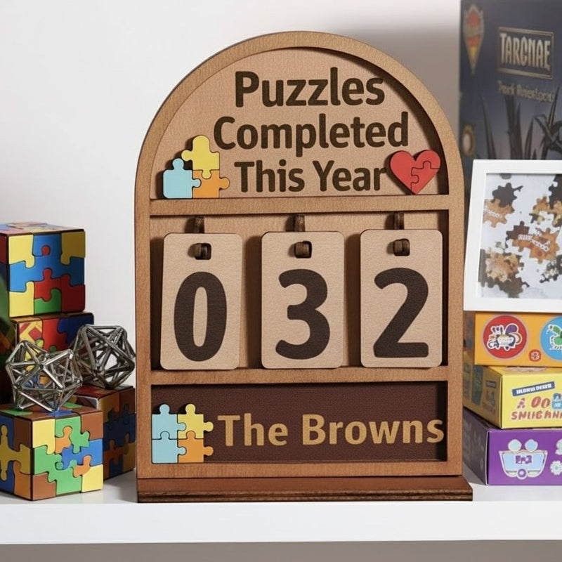 Personalized Puzzles Completed This Year Counter Mini Plaque With Flat Base, Gifts For Puzzle Lovers