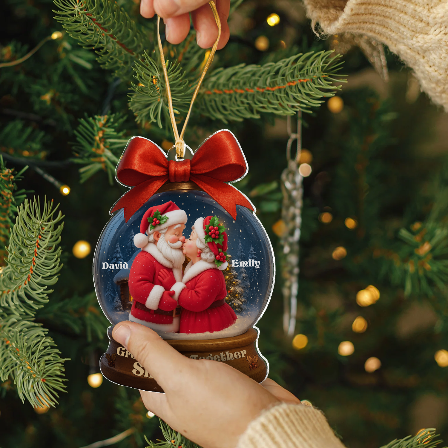 Personalized 3D Effect Santa Couple In Snow Globe Acrylic Ornament, Couple Christmas Tree Decoration