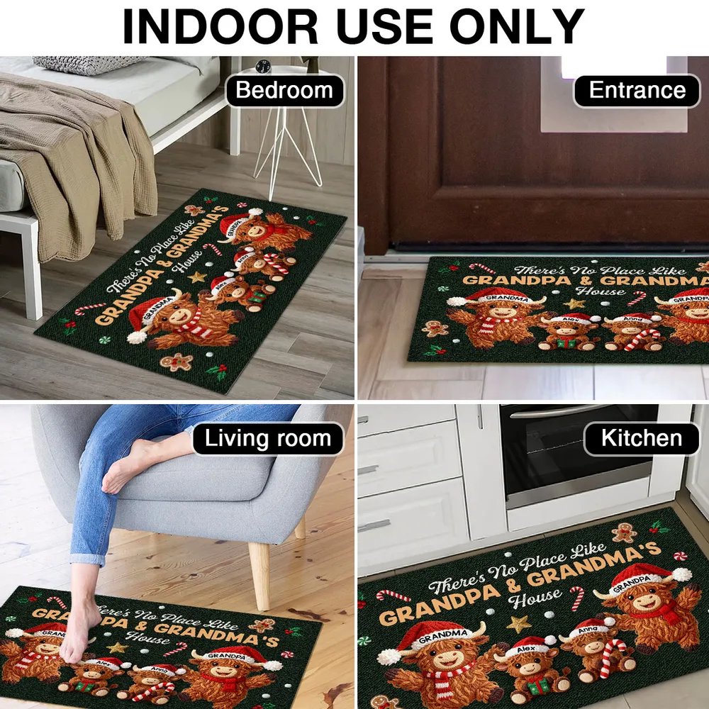 3D Faux Crochet Effect Christmas Grandma Grandkids Highland Cow Together - Personalized Doormat