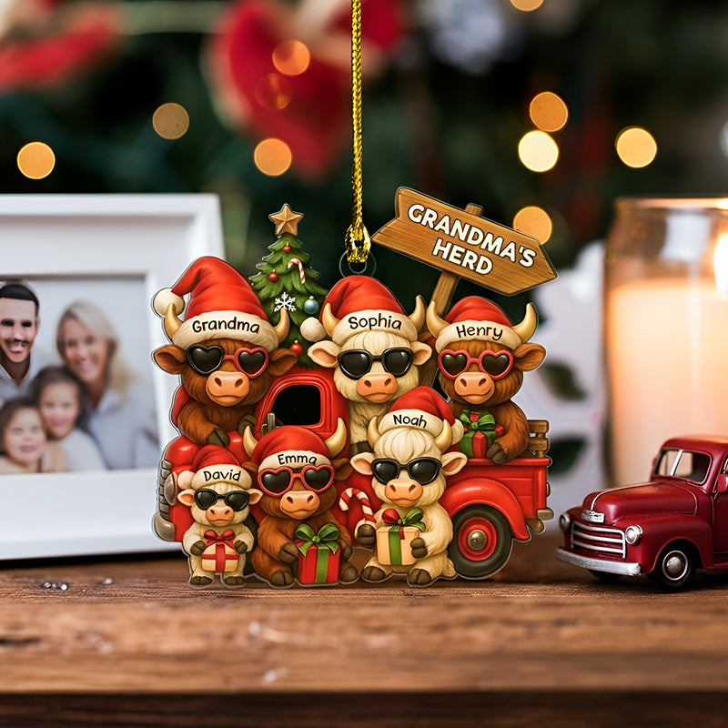 Personalized Christmas Highland Cow On Truck Acrylic Ornament, Family Christmas Ornament