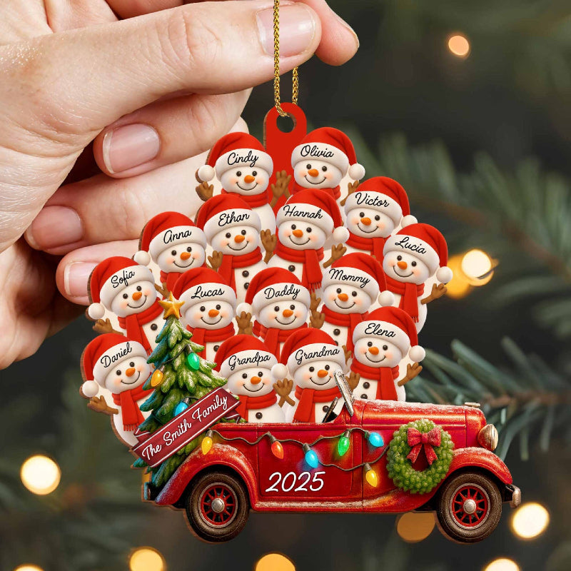 Personalized Big Family Snowman On Red Truck Wooden Ornament, Gift For Family and Christmas Lovers
