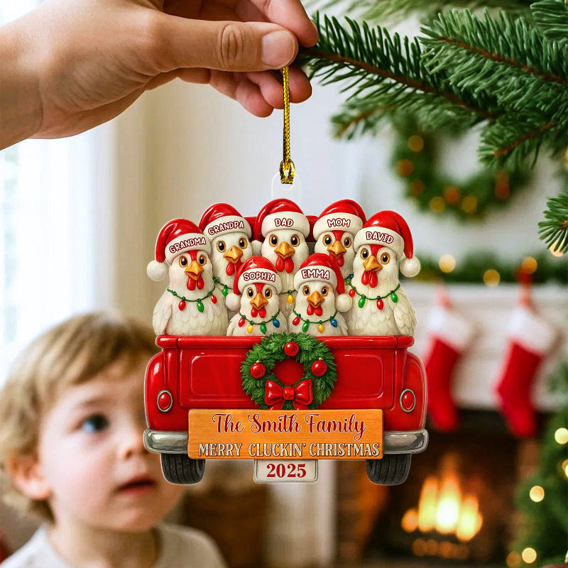 Merry Cluckmas Red Truck - Personalized Chicken Family On Truck Acrylic Ornament