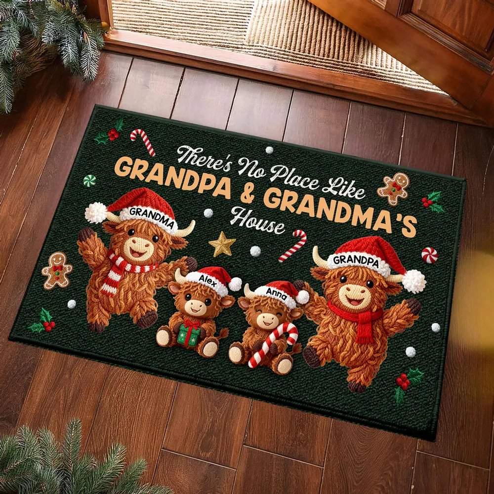 3D Faux Crochet Effect Christmas Grandma Grandkids Highland Cow Together - Personalized Doormat