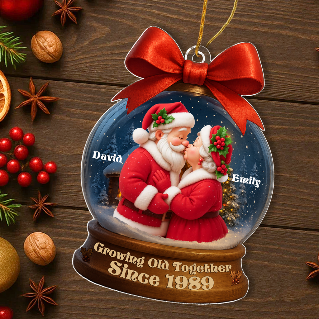 Personalized 3D Effect Santa Couple In Snow Globe Acrylic Ornament, Couple Christmas Tree Decoration