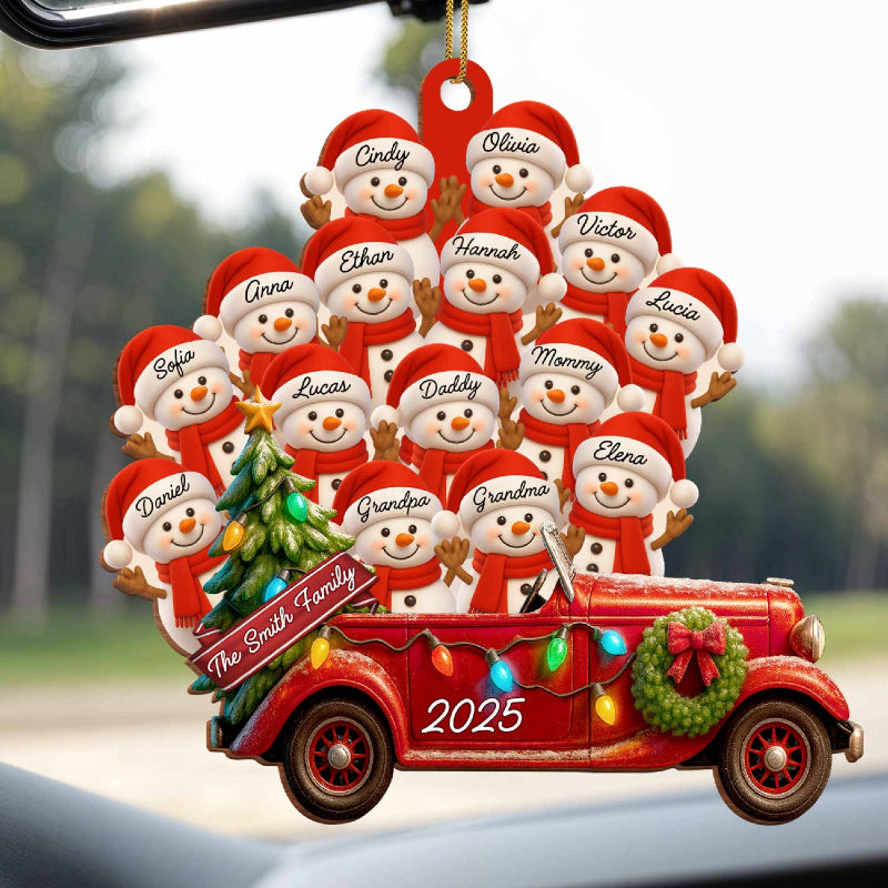 Personalized Big Family Snowman On Red Truck Wooden Ornament, Gift For Family and Christmas Lovers
