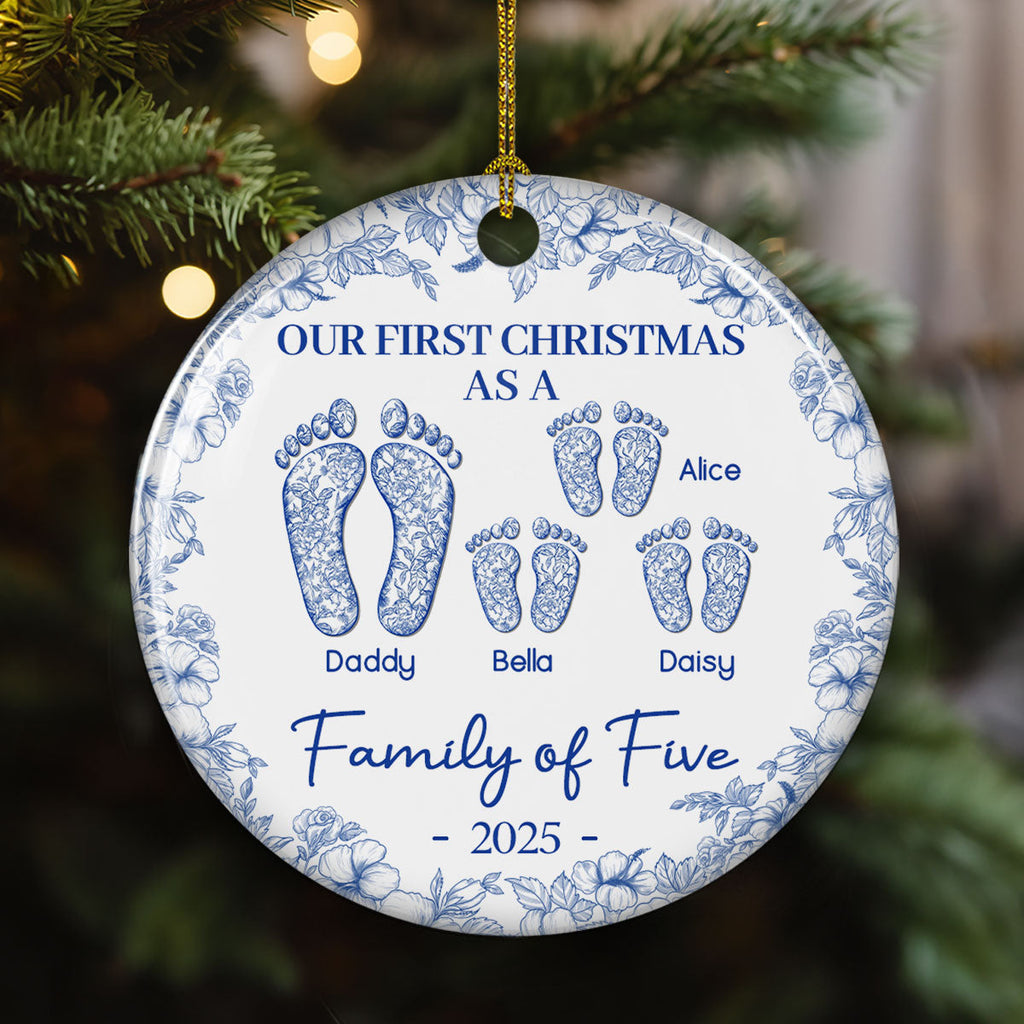 First Christmas As A Family Of Four Toile Footprints - Personalized Custom Ceramic Ornament