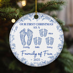 First Christmas As A Family Of Four Toile Footprints - Personalized Custom Ceramic Ornament