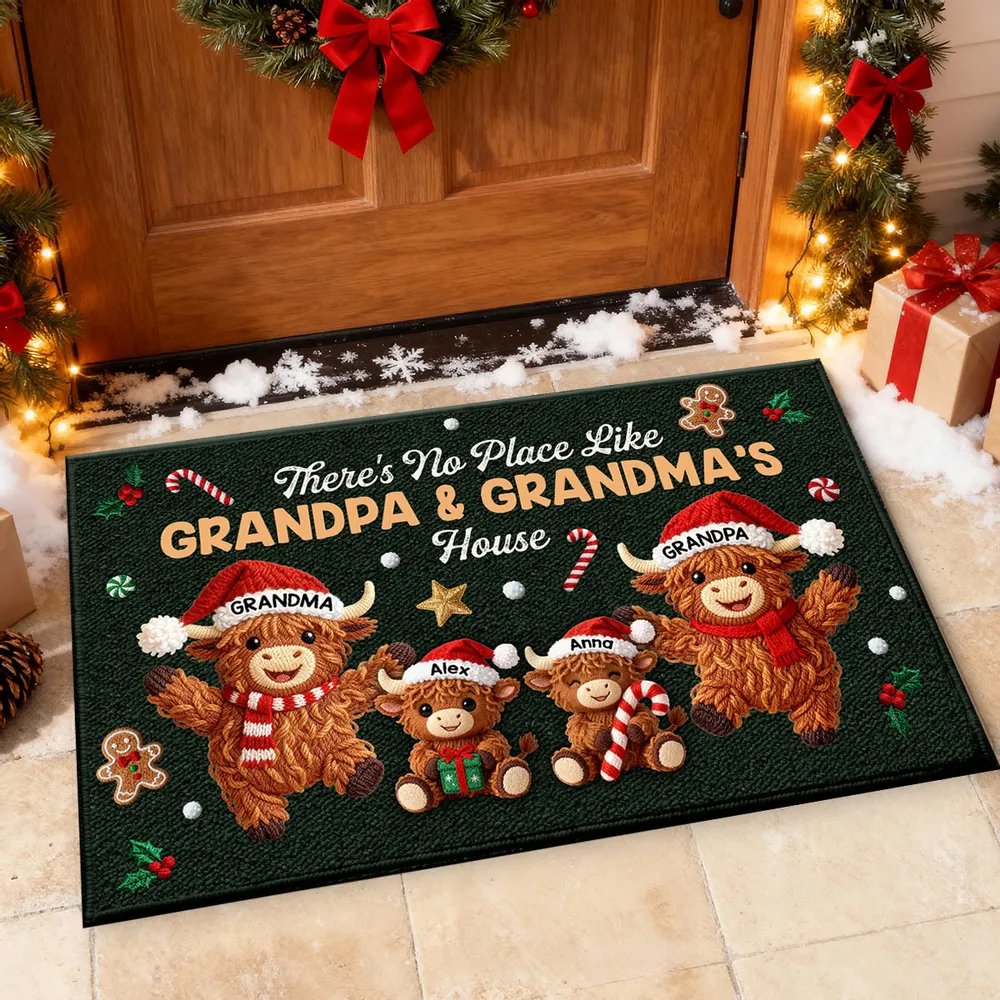 3D Faux Crochet Effect Christmas Grandma Grandkids Highland Cow Together - Personalized Doormat