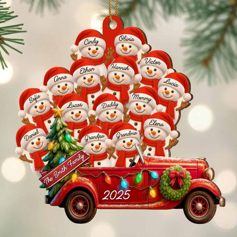 Personalized Big Family Snowman On Red Truck Wooden Ornament, Gift For Family and Christmas Lovers