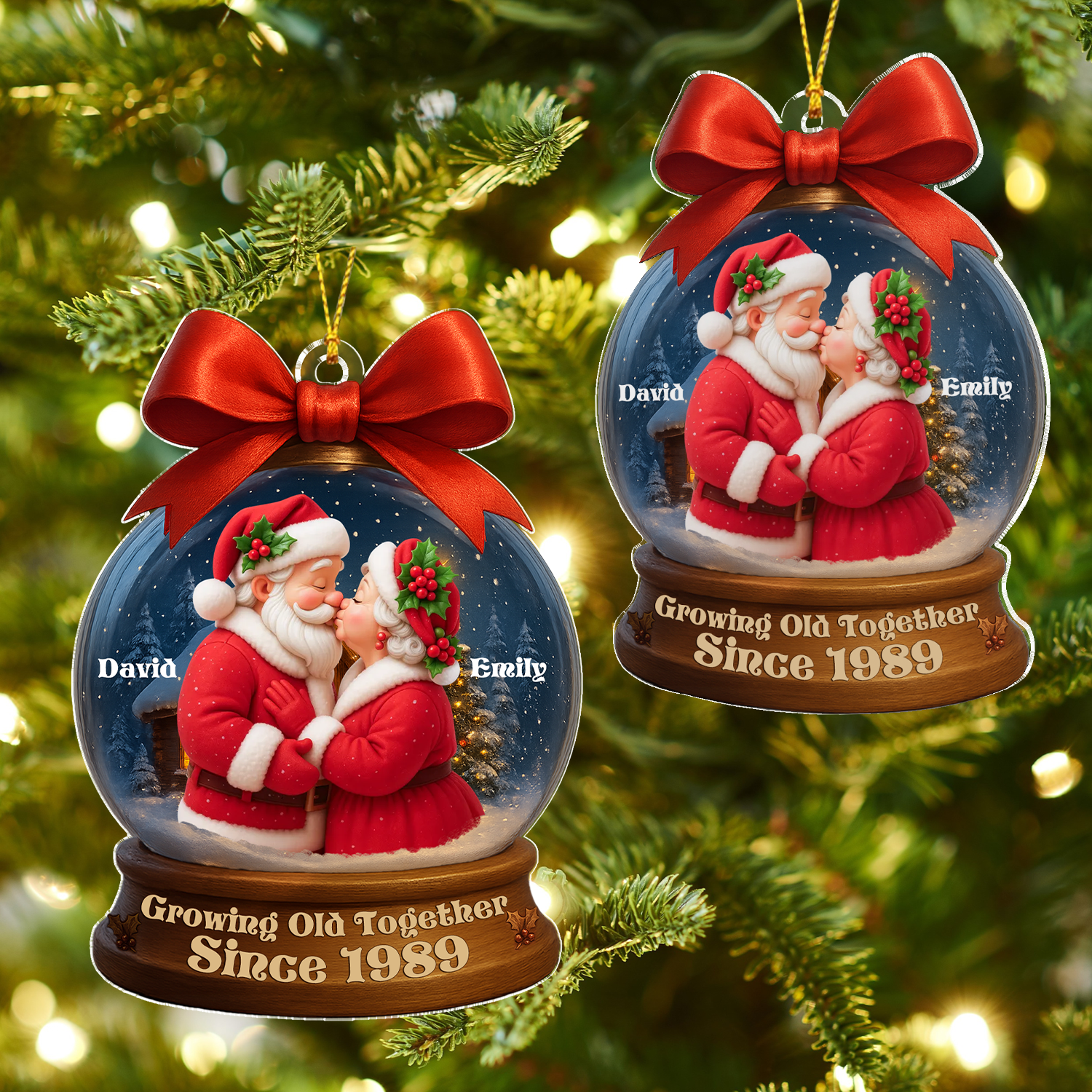 Personalized 3D Effect Santa Couple In Snow Globe Acrylic Ornament, Couple Christmas Tree Decoration