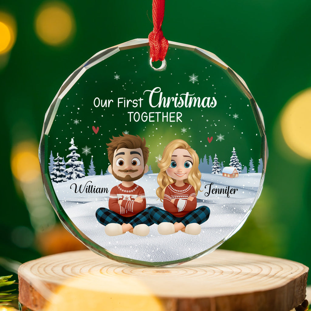 Our First Christmas Together Cartoonize - Personalized Custom Glass Ornament