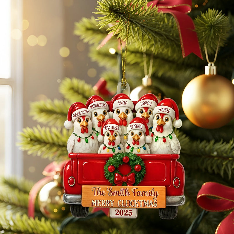Merry Cluckmas Red Truck - Personalized Chicken Family On Truck Acrylic Ornament