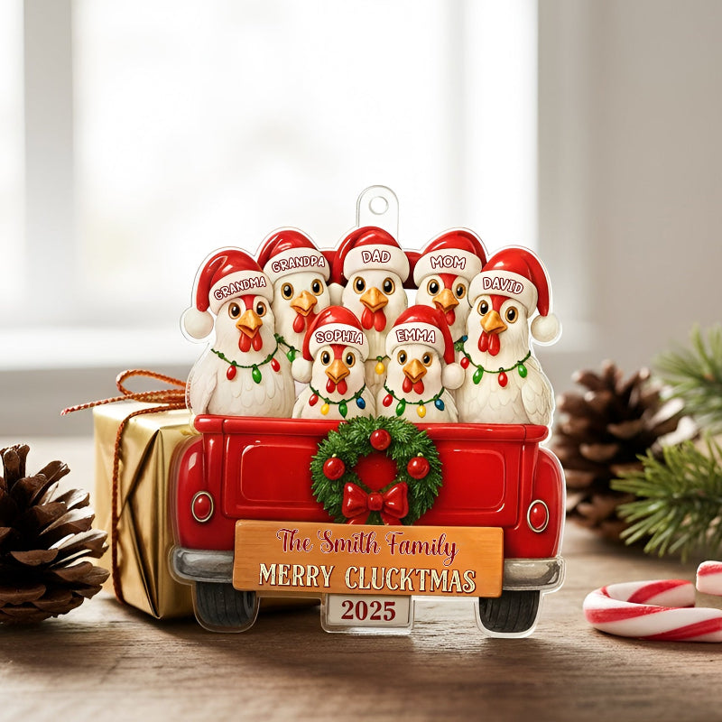 Merry Cluckmas Red Truck - Personalized Chicken Family On Truck Acrylic Ornament