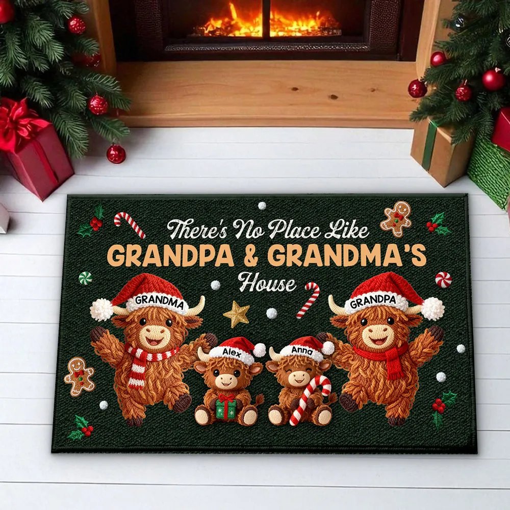 3D Faux Crochet Effect Christmas Grandma Grandkids Highland Cow Together - Personalized Doormat