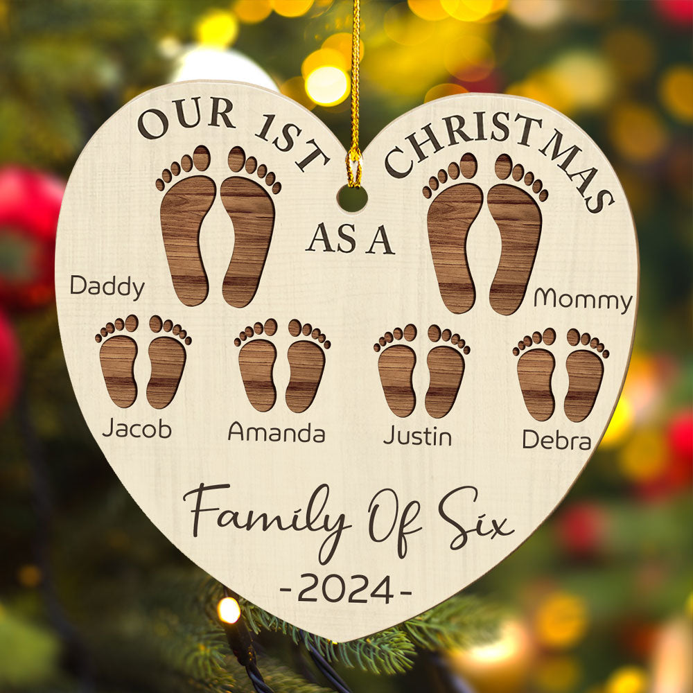 First Christmas As A Family Footprints - Personalized Custom Wood Ornament