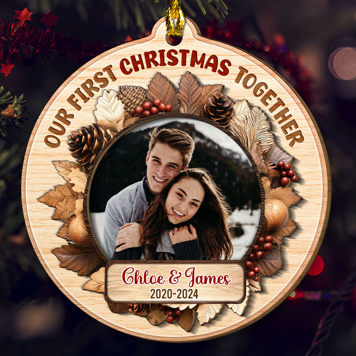 Snowy Love First Christmas - Personalized Custom Freeshape 2-Layered Wood Ornament