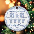 First Christmas As A Family Of Four Toile Footprints - Personalized Custom Ceramic Ornament