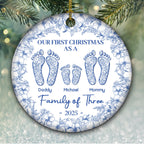 First Christmas As A Family Of Four Toile Footprints - Personalized Custom Ceramic Ornament