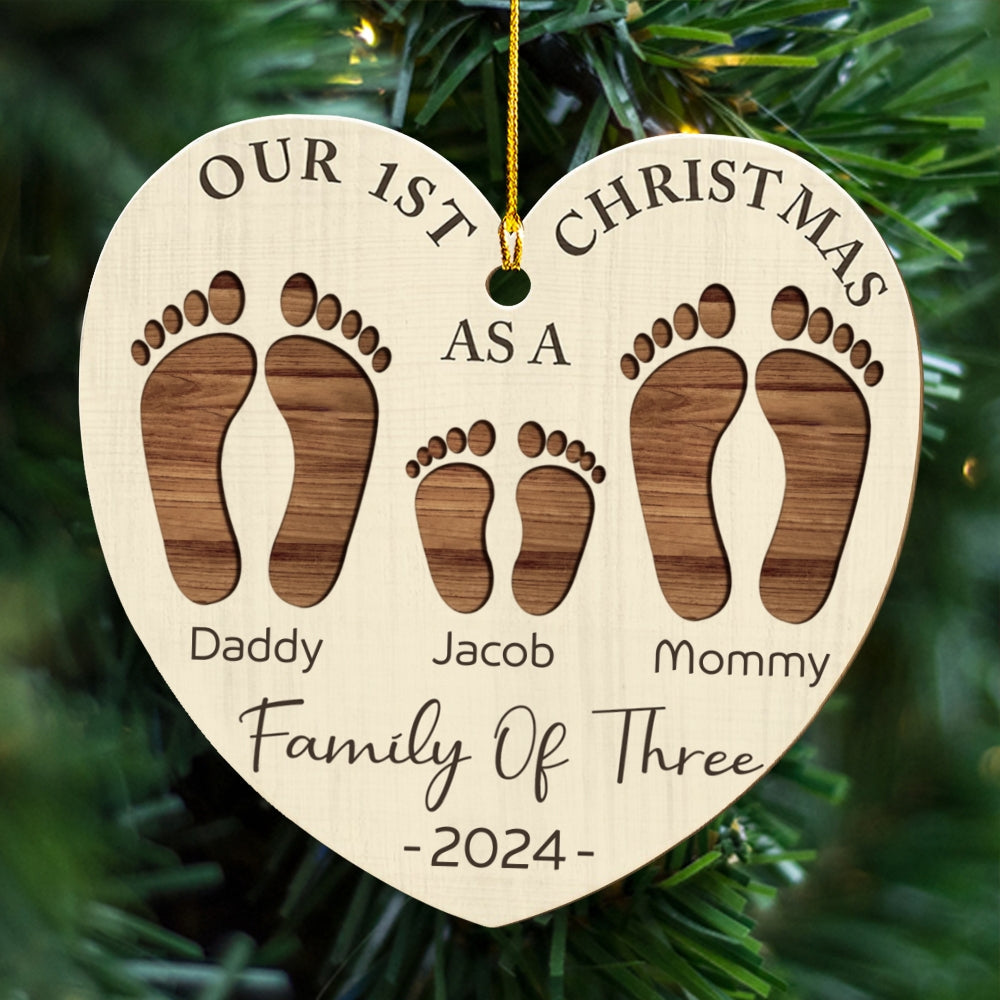 First Christmas As A Family Footprints - Personalized Custom Wood Ornament