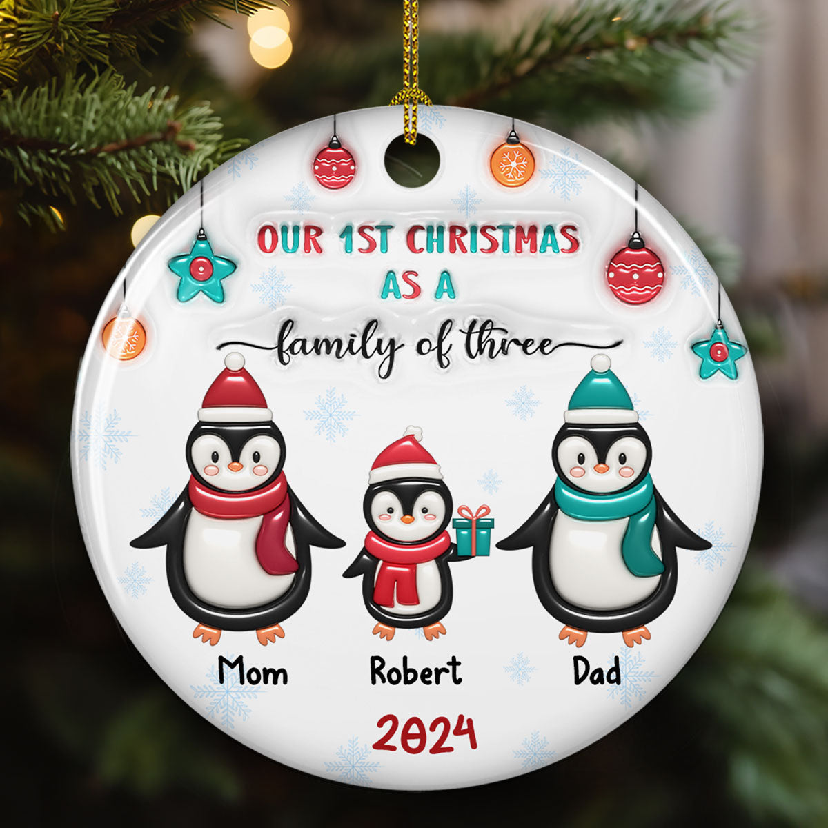 Penguin Family - Personalized Custom 3D Inflated Effect Ceramic Ornament