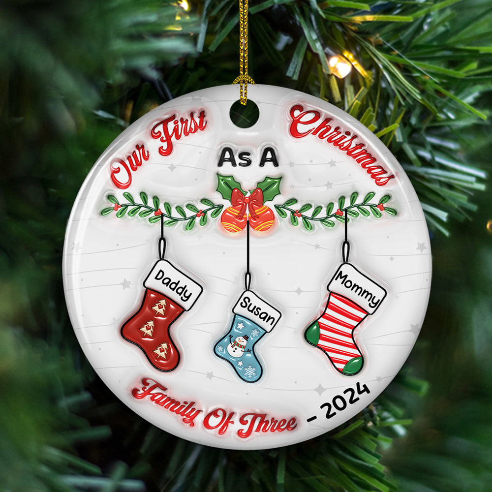 Our First Christmas As A Family - Personalized Custom 3D Inflated Effect Ceramic Ornament