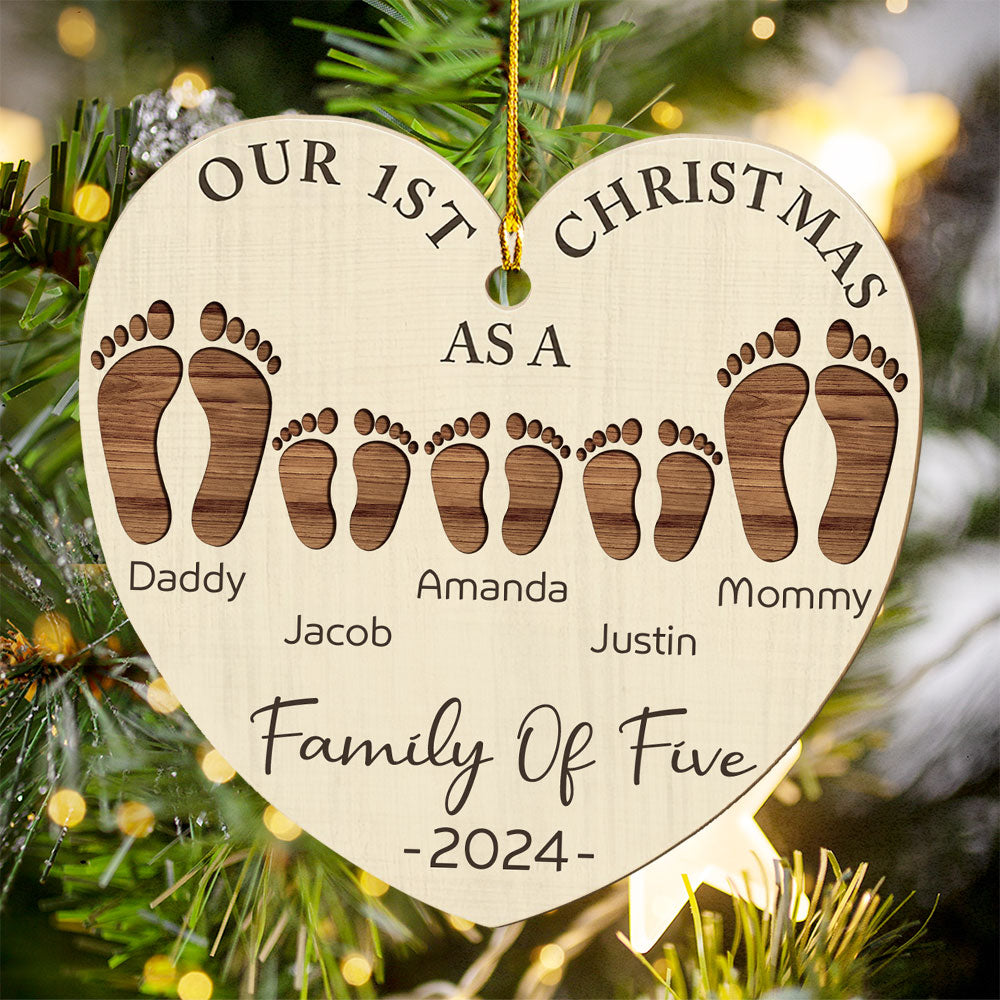 First Christmas As A Family Footprints - Personalized Custom Wood Ornament