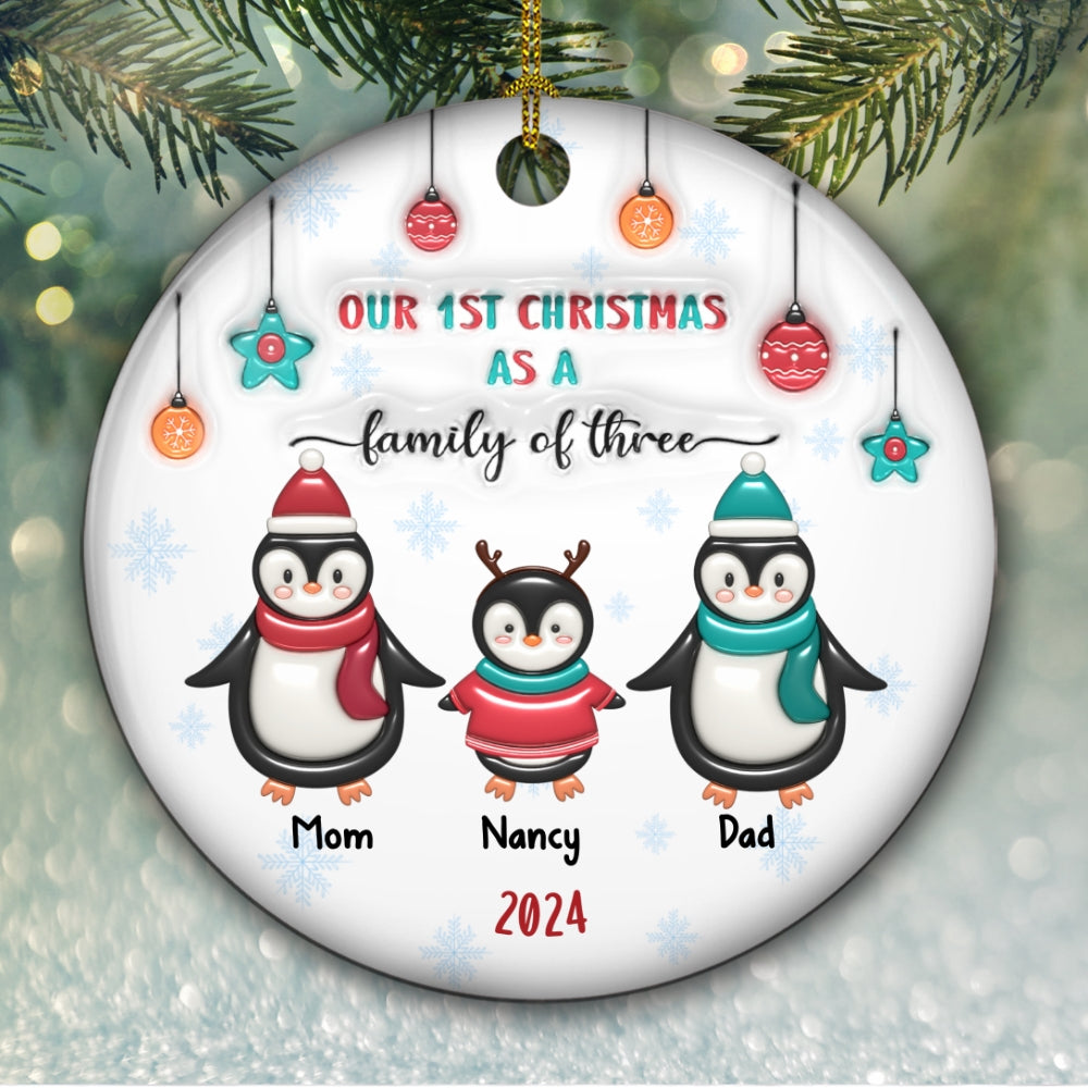Penguin Family - Personalized Custom 3D Inflated Effect Ceramic Ornament