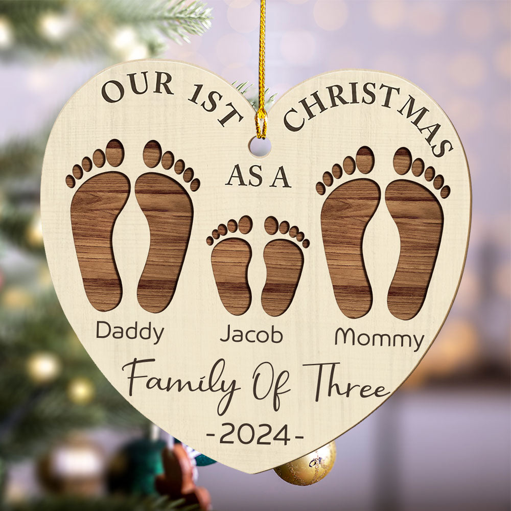 First Christmas As A Family Footprints - Personalized Custom Wood Ornament