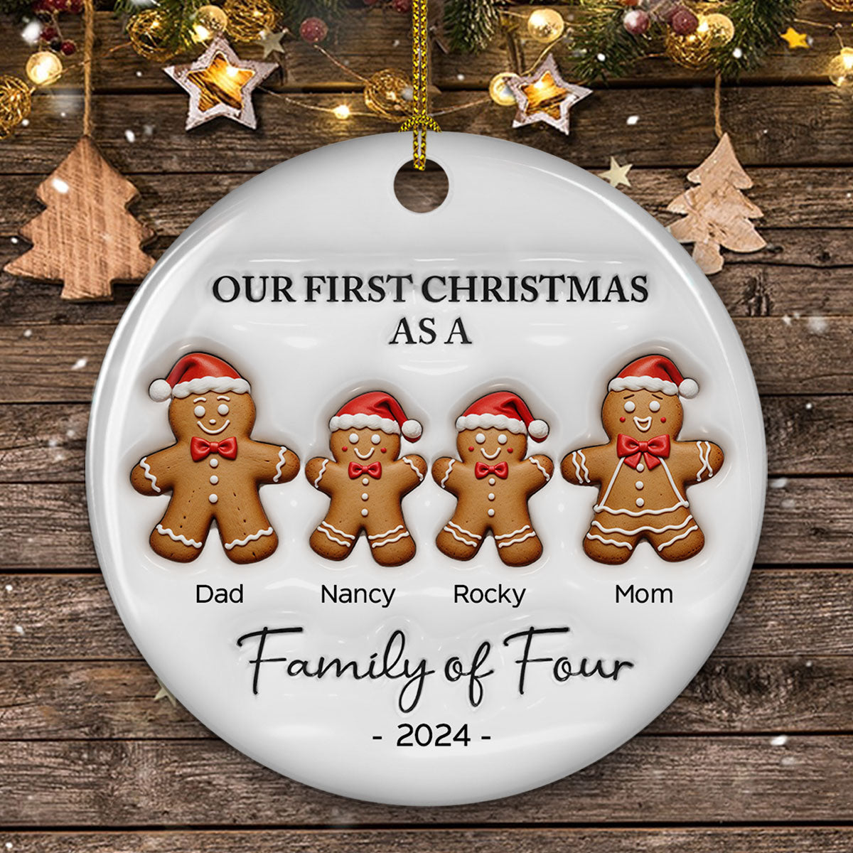 First Christmas As A Family Of Three Gingerbread - Personalized Custom 3D Inflated Effect Ceramic Ornament