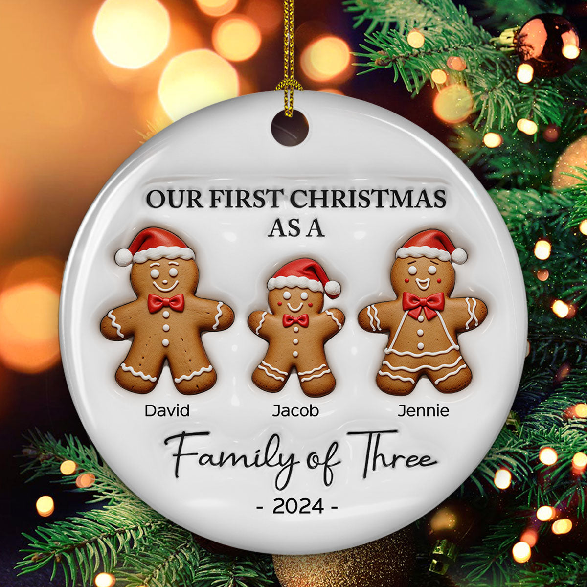 First Christmas As A Family Of Three Gingerbread - Personalized Custom 3D Inflated Effect Ceramic Ornament
